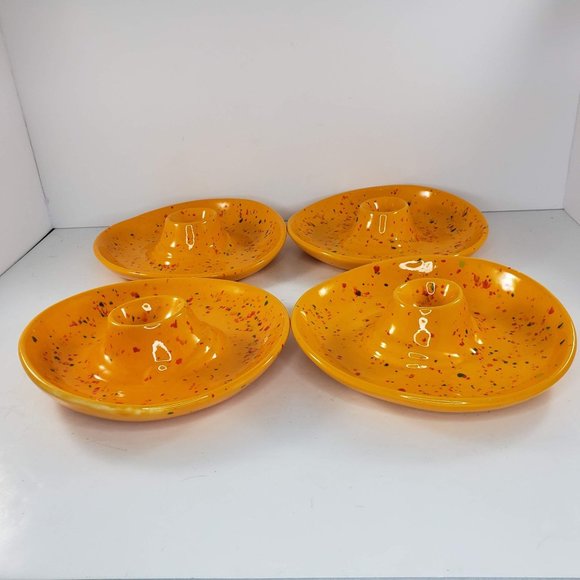 Egg Holder Plate Bowl Pottery Set Of 4 Speckled Yellow Hand Painted Handmade - Picture 2 of 14